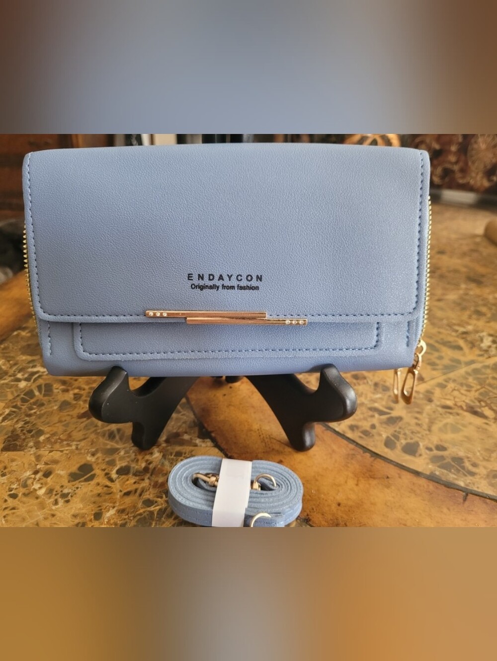 Light Blue Faux Leather Wallet with Gold Accent - Picture 3 of 8